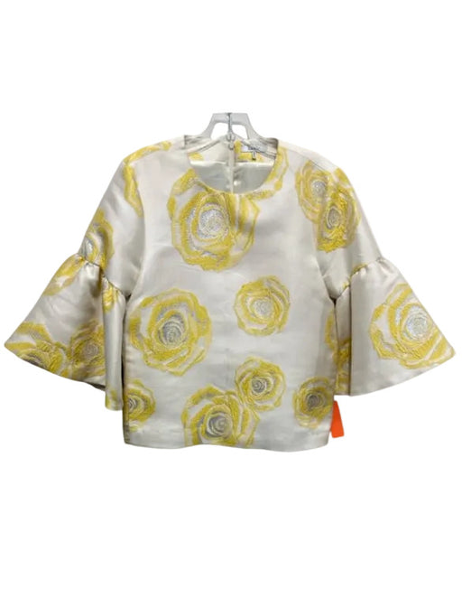 Ganni Size XS / 34 Beige & Yellow Polyester Blend Brocade Roses Back Zip Top Beige & Yellow / XS / 34