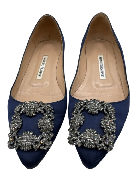 Manolo Blahnik Shoe Size 36 Navy & Silver Satin Rhinestone Pointed Toe Flats Navy & Silver / 36