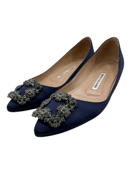 Manolo Blahnik Shoe Size 36 Navy & Silver Satin Rhinestone Pointed Toe Flats Navy & Silver / 36