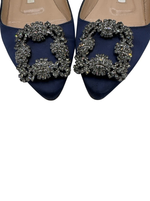 Manolo Blahnik Shoe Size 36 Navy & Silver Satin Rhinestone Pointed Toe Flats Navy & Silver / 36