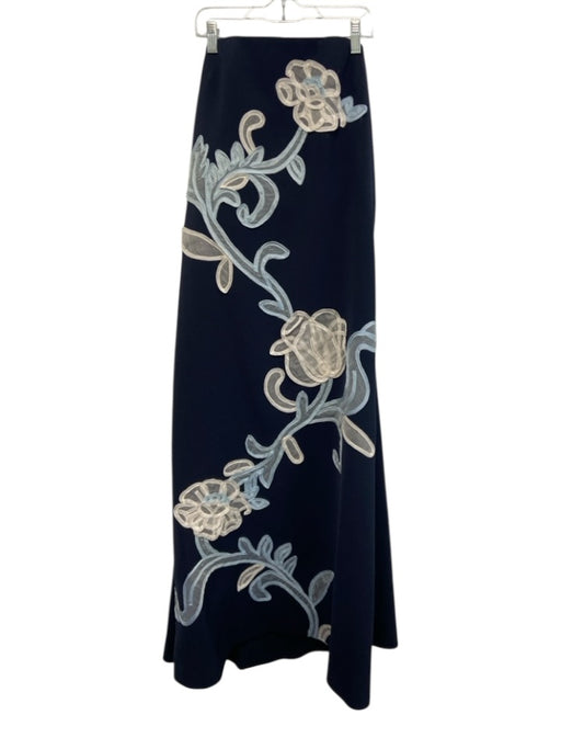 Lela Rose Size M Dark Blue, Blue & Creme Strapless Floral Applique Pockets Gown Dark Blue, Blue & Creme / M