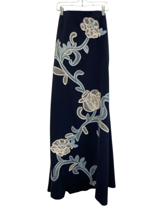 Lela Rose Size M Dark Blue, Blue & Creme Strapless Floral Applique Pockets Gown Dark Blue, Blue & Creme / M