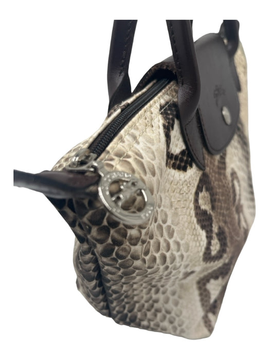 Longchamp Beige & Brown Nylon & Leather Snake Print Snap Closure Bag Beige & Brown