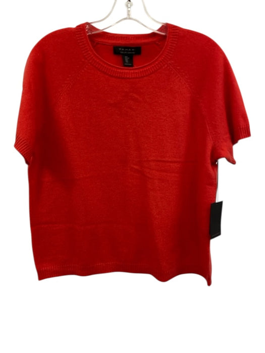 Tahari Size L Red 2 PLY cashmere Short Sleeve Knit Ribbed Detail Top Red / L