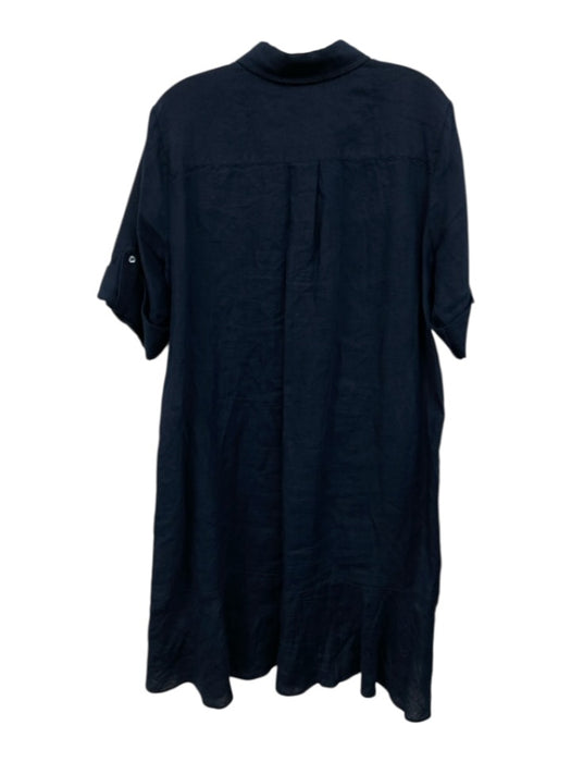 J Mclaughlin Size L Navy Linen Quarter Button Collared Short Sleeve Midi Dress Navy / L