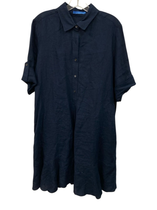 J Mclaughlin Size L Navy Linen Quarter Button Collared Short Sleeve Midi Dress Navy / L