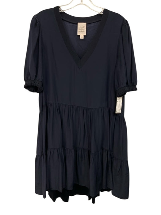 Cinq a Sept Size M Navy Silk Short Sleeve V Neck Knee Length Tiered Dress Navy / M