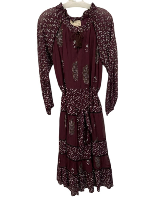 Kopal Size M Maroon Viscose split v Tie Neck Floral Midi Dress Maroon / M