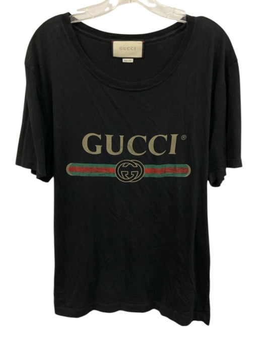 Gucci Size L Black, Green, Red Cotton T Shirt Logo Top Black, Green, Red / L