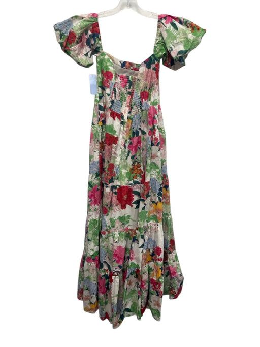 Cara Cara Size 8 Pink, Green, Red Cotton Short Puff Sleeve Floral Gathered Dress Pink, Green, Red / 8