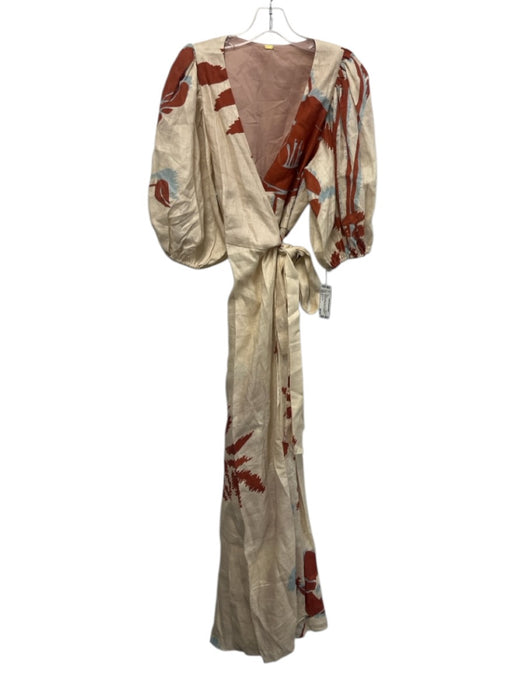 Juan De Dios Size 4 red, blue, beige Linen Half Puff Sleeve Abstract Print Dress red, blue, beige / 4