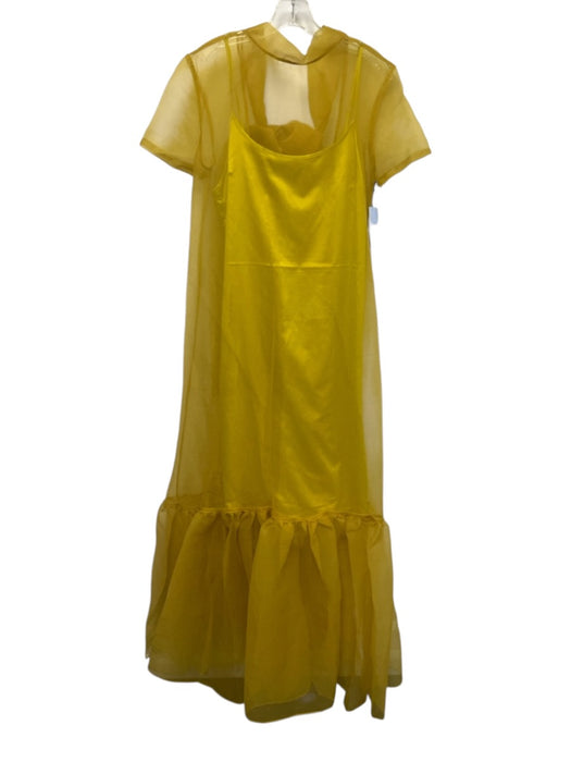 Staud Size Medium Chartreuse Yellow Short Sleeve Sheer Tie Neck Mid Dress Chartreuse Yellow / Medium