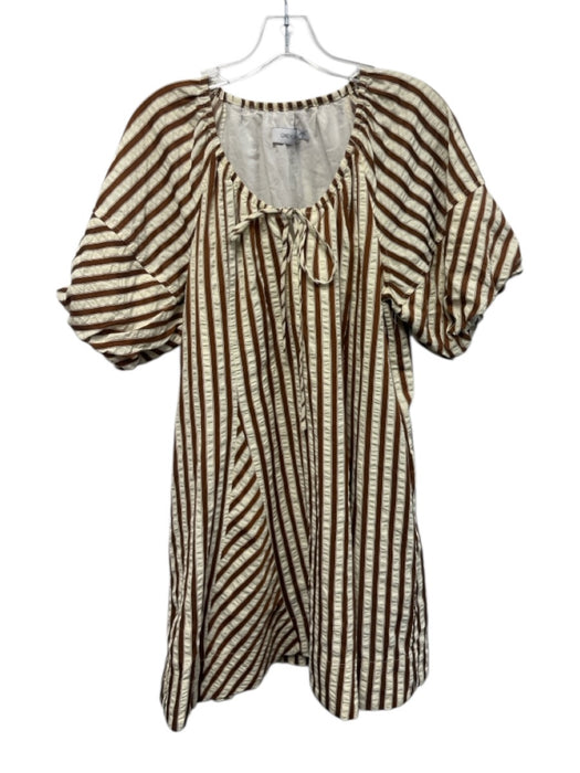 Greylin Size Medium Brown & Cream Cotton Short Bubble Sleeve Mixed Stripes Dress Brown & Cream / Medium