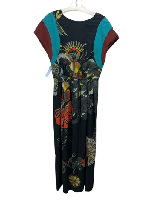 Dries Van Noten Size S/M Black & Multi Viscose All Over Print V Neck Dress Black & Multi / S/M