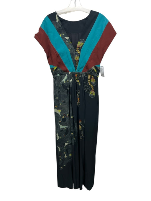 Dries Van Noten Size S/M Black & Multi Viscose All Over Print V Neck Dress Black & Multi / S/M