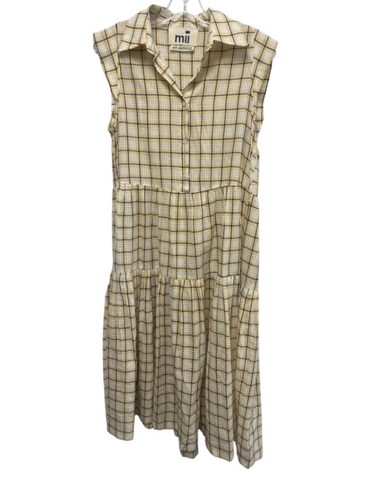 Mii Size Small Yellow, Blue, White Cotton & Silk Sleeveless Plaid Tiered Dress Yellow, Blue, White / Small