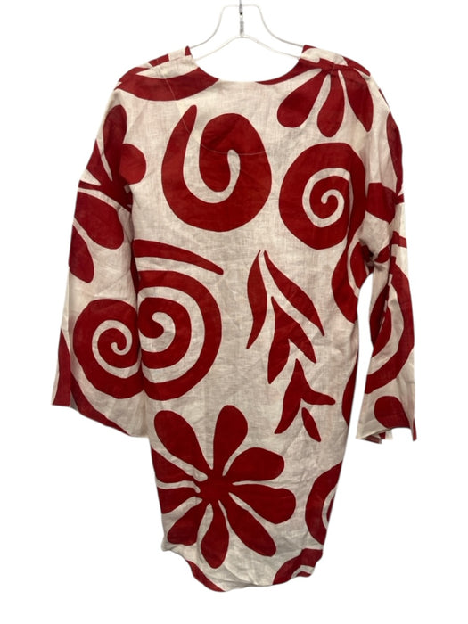 Cala de la Cruz Size Large Red & White Linen Long Sleeve Abstract Floral Dress Red & White / Large