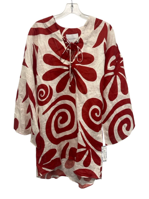 Cala de la Cruz Size Large Red & White Linen Long Sleeve Abstract Floral Dress Red & White / Large