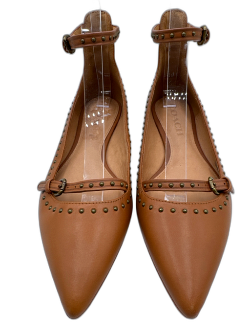 Coach Shoe Size 5.5 Cognac Brown Leather Brass Hardware Ankle Buckle Flats Cognac Brown / 5.5