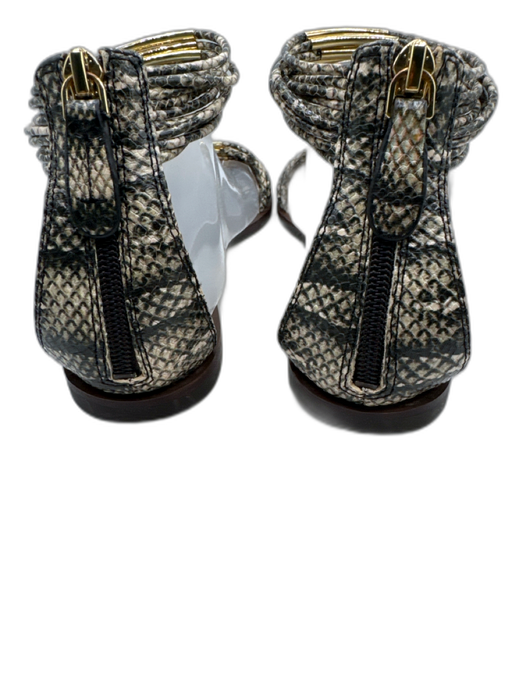 Tory Burch Shoe Size 9.5 Beige, Gray, Gold Embossed Leather Snake Print Sandals Beige, Gray, Gold / 9.5