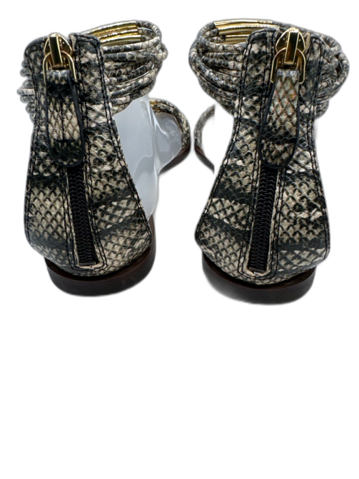 Tory Burch Shoe Size 9.5 Beige, Gray, Gold Embossed Leather Snake Print Sandals Beige, Gray, Gold / 9.5