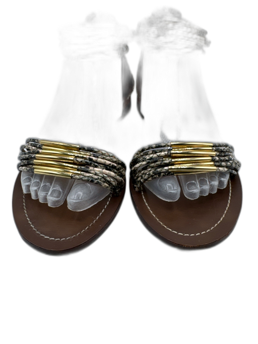 Tory Burch Shoe Size 9.5 Beige, Gray, Gold Embossed Leather Snake Print Sandals Beige, Gray, Gold / 9.5