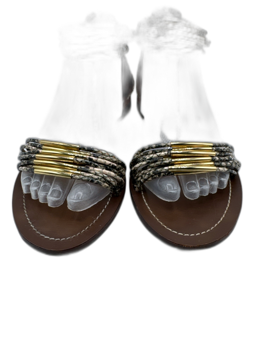 Tory Burch Shoe Size 9.5 Beige, Gray, Gold Embossed Leather Snake Print Sandals Beige, Gray, Gold / 9.5