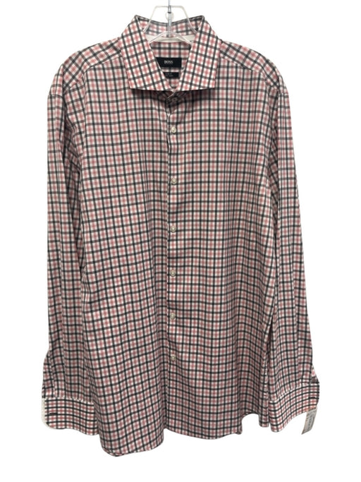 Boss Size 17.5 Gray & Multi-Color Cotton Plaid Button Down Long Sleeve Shirt Gray & Multi-Color / 17.5