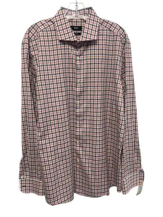 Boss Size 17.5 Gray & Multi-Color Cotton Plaid Button Down Long Sleeve Shirt Gray & Multi-Color / 17.5