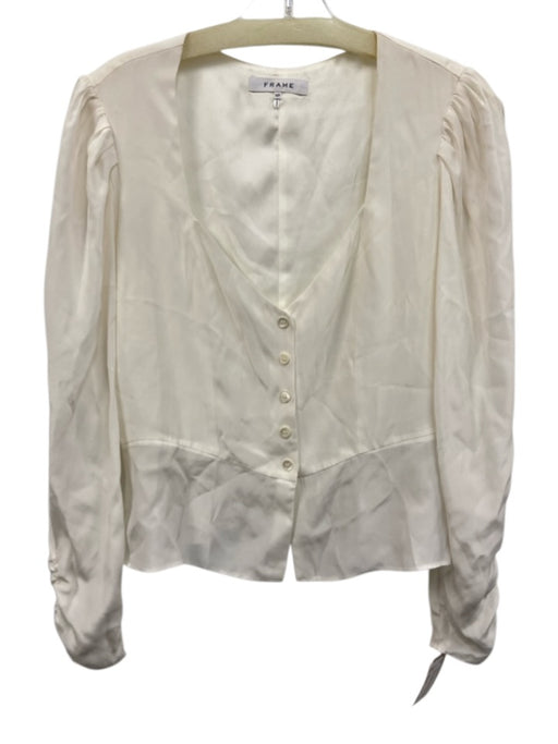Frame Size Small White Silk Long puff sleeve Button Front Peplum Top White / Small