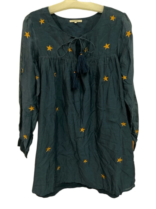 Tularosa Size S Blue & Gold Silk & Cotton Long Sleeve Stars Embroidered Dress Blue & Gold / S
