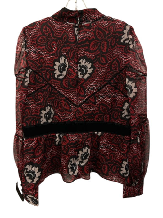 Ted Baker Size 5 Red, Black, White Polyester Long Sleeve Sheer Floral Top Red, Black, White / 5