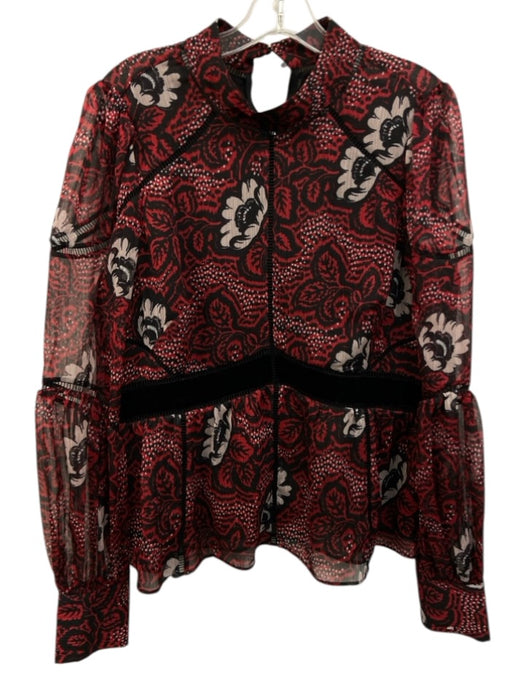 Ted Baker Size 5 Red, Black, White Polyester Long Sleeve Sheer Floral Top Red, Black, White / 5