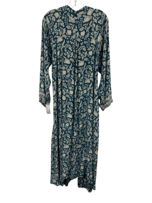 Natalie Martin Size S Teal Blue & Cream Beige Silk Floral Long Sleeve Maxi Dress Teal Blue & Cream Beige / S