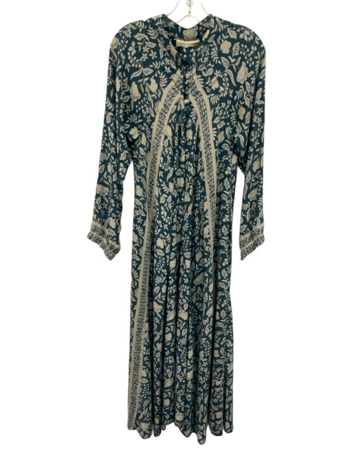 Natalie Martin Size S Teal Blue & Cream Beige Silk Floral Long Sleeve Maxi Dress Teal Blue & Cream Beige / S
