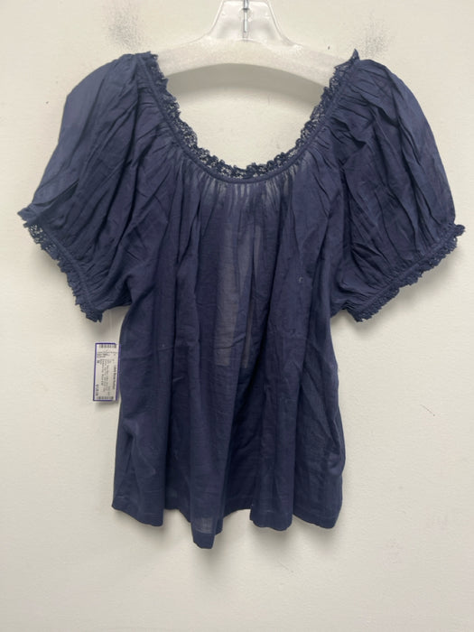 Doen Size M Navy Blue Cotton Short Puff Sleeve Lace Trim Semi Sheer Top