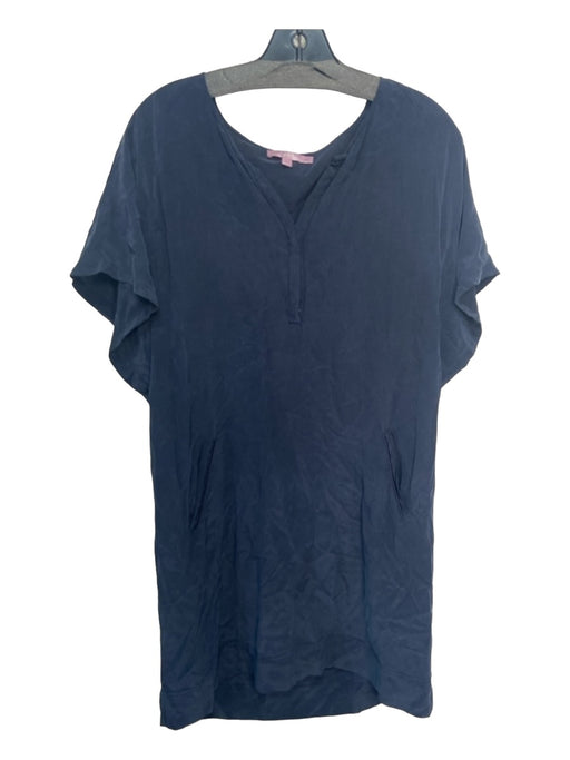 Calypso Size XS Navy Silk round split neck 1/4 Button Drop Shoulder Shift Dress Navy / XS