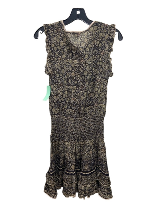 M.A.B.E Size XS Black & Beige Cotton Ruffle Tassel Tie Detail V Neck Dress Black & Beige / XS