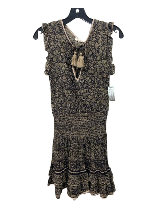 M.A.B.E Size XS Black & Beige Cotton Ruffle Tassel Tie Detail V Neck Dress Black & Beige / XS