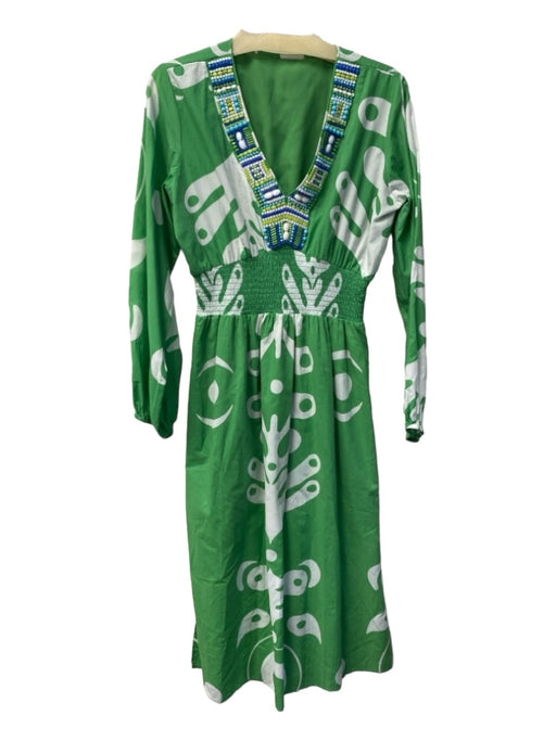 No Brand Size Est M/L Green & White Cotton Abstract V Neck Beaded Dress Green & White / Est M/L