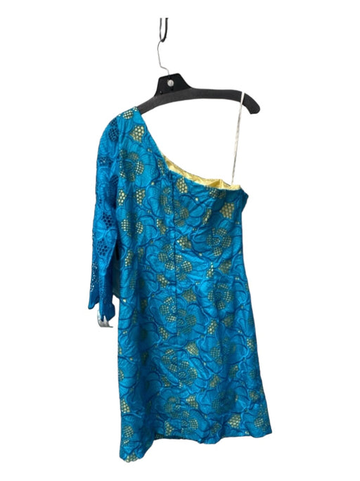 Lily Pulitzer Size 10 Teal & Yellow Silk One Shoulder Overlay Embroidered Dress Teal & Yellow / 10