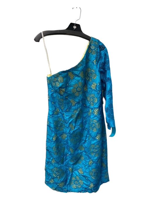 Lily Pulitzer Size 10 Teal & Yellow Silk One Shoulder Overlay Embroidered Dress Teal & Yellow / 10