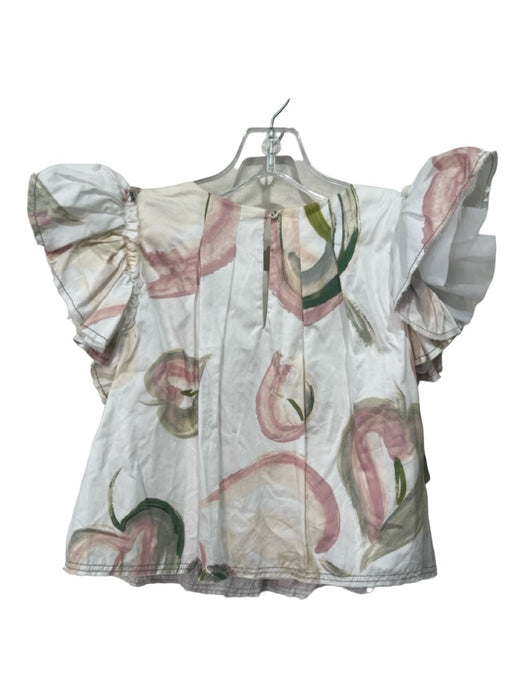 Aje. Size 4 White & Multi Cotton Keyhole Pleated Watercolor Flutter Sleeve Top White & Multi / 4