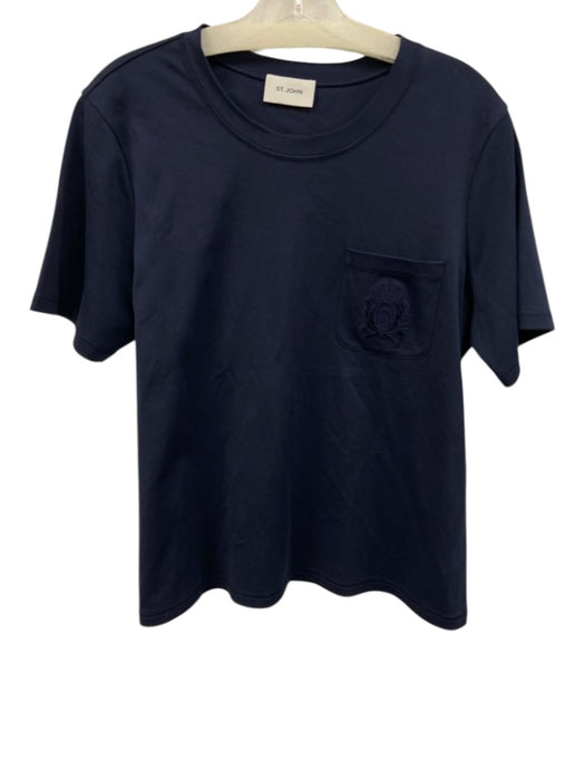 St. John Size L Navy Blue Cotton Short Sleeve Embroidered Top Navy Blue / L