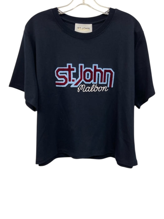 St. John Size L Navy Blue Cotton Short Sleeve Embroidered Top Navy Blue / L