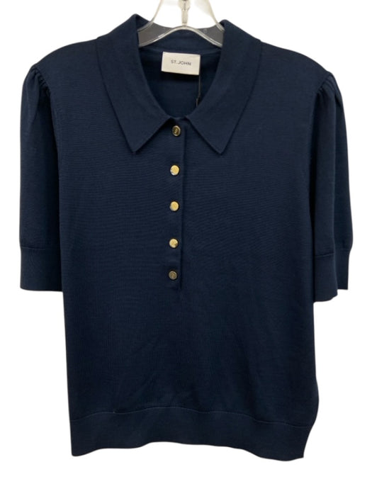 St. John Size L Navy Blue Silk & Cotton goldtone hardware Short Sleeve Polo Top Navy Blue / L