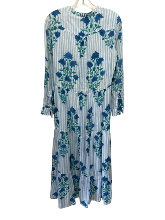 Oliphant Size XS Blue, White & Teal Cotton Striped Floral Long Sleeve Dress Blue, White & Teal / XS