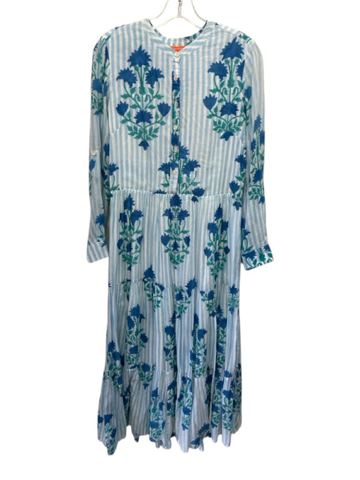 Oliphant Size XS Blue, White & Teal Cotton Striped Floral Long Sleeve Dress Blue, White & Teal / XS
