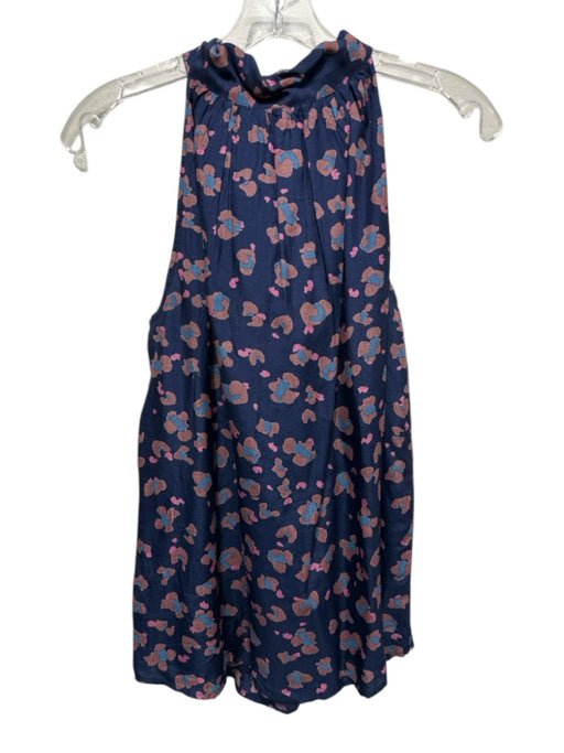 Oliphant Size M Navy Blue & Beige Viscose Sleeveless Abstract Tie Neck Top Navy Blue & Beige / M