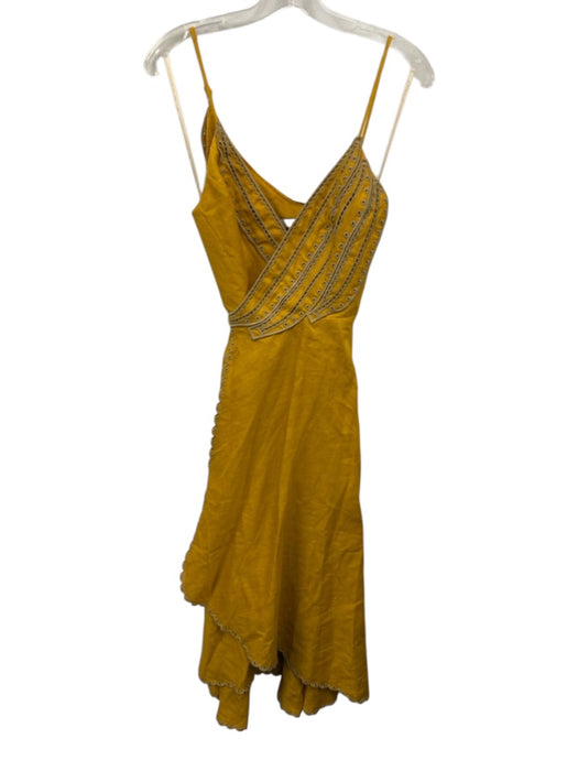 Farm Rio Size Small Yellow & Beige Linen Spaghetti Strap Eyelet High Low Dress Yellow & Beige / Small